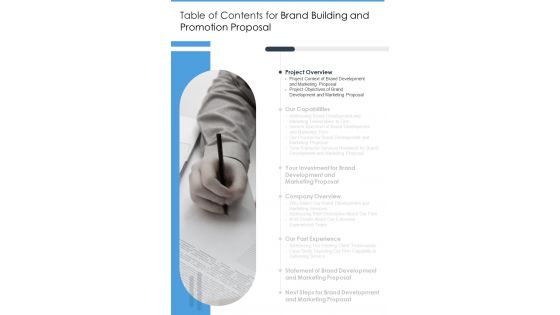 Brand Building And Promotion Proposal Table Of Contents One Pager Sample Example Document