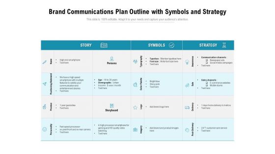 Brand Communications Plan Outline With Symbols And Strategy Ppt PowerPoint Presentation Gallery Inspiration PDF