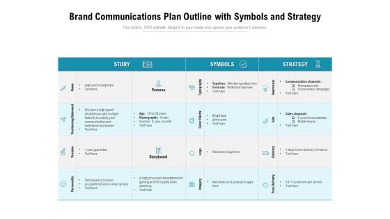 Brand Communications Plan Outline With Symbols And Strategy Ppt PowerPoint Presentation Gallery Inspiration PDF