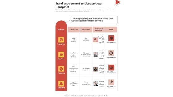 Brand Endorsement Services Proposal Snapshot One Pager Sample Example Document