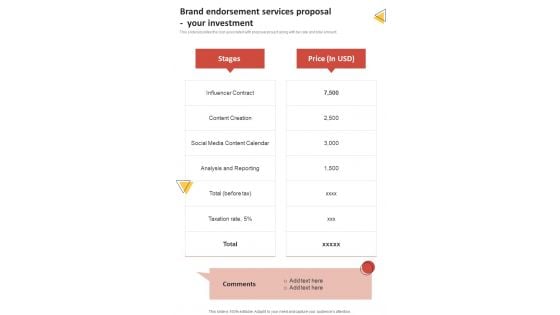 Brand Endorsement Services Proposal Your Investment One Pager Sample Example Document
