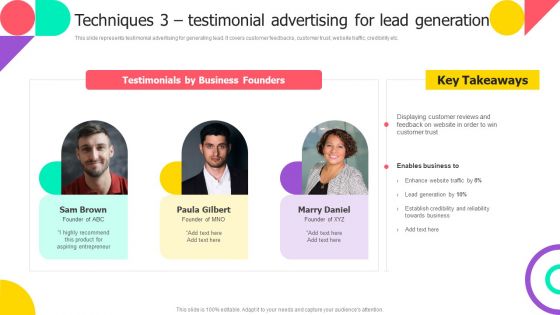 Brand Engagement Promotional Campaign Implementation Techniques 3 Testimonial Advertising For Lead Generation Template PDF