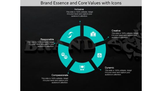 Brand Essence And Core Values With Icons Ppt PowerPoint Presentation Pictures Slides