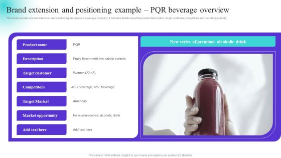 Brand Extension And Positioning Example Pqr Beverage Overview Introduction PDF