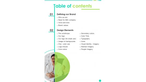 Brand Guide Table Of Contents One Pager Sample Example Document