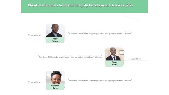 Brand Identification Designing Proposal Client Testimonials For Brand Integrity Development Services Teamwork Inspiration PDF