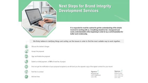 Brand Identification Designing Proposal Next Steps For Brand Integrity Development Services Infographics PDF