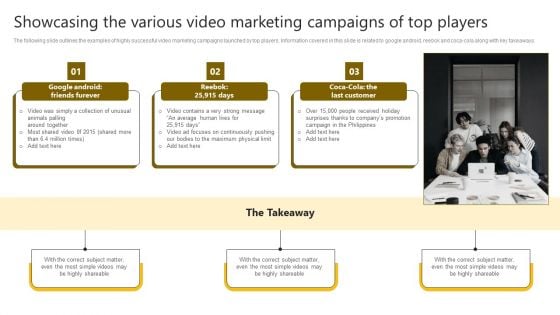 Brand Improvement Techniques To Build Consumer Loyalty Showcasing The Various Video Marketing Campaigns Elements PDF