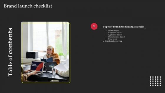 Brand Launch Checklist Table Of Contents Ppt Layouts Picture PDF