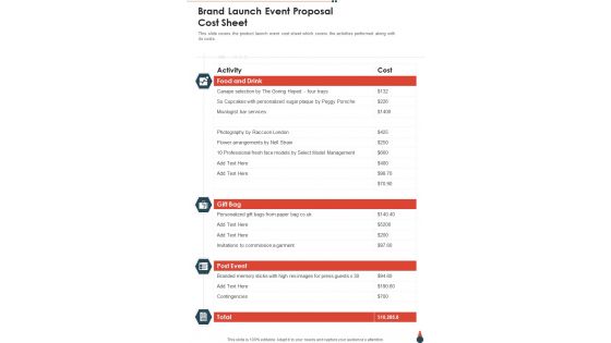 Brand Launch Event Proposal Cost Sheet One Pager Sample Example Document