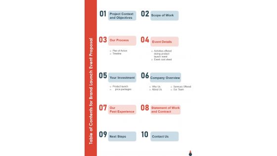 Brand Launch Event Proposal Table Of Contents One Pager Sample Example Document