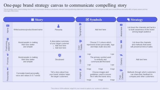 Brand Management Strategy To Increase Awareness One Page Brand Strategy Canvas To Communicate Compelling Story Infographics PDF