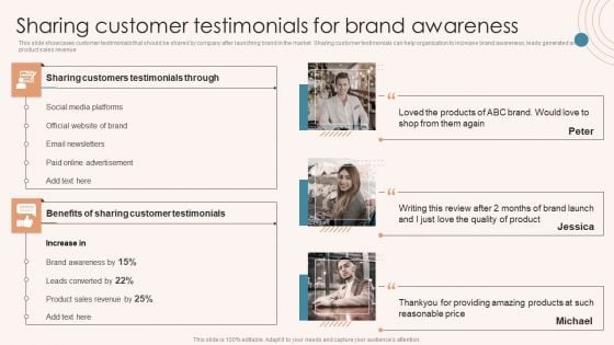 Brand Marketing Strategy Sharing Customer Testimonials For Brand Awareness Template PDF
