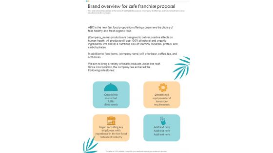 Brand Overview For Cafe Franchise Proposal One Pager Sample Example Document