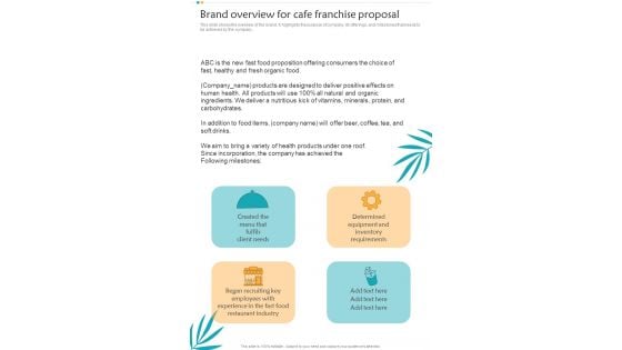 Brand Overview For Cafe Franchise Proposal One Pager Sample Example Document