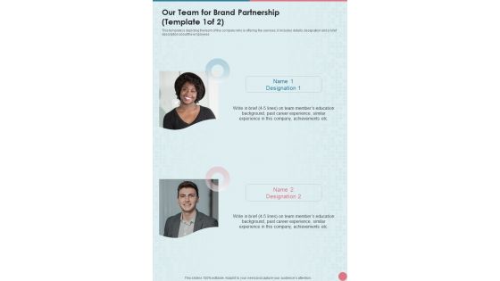 Brand Partnership Service Proposal Our Team For Brand Partnership One Pager Sample Example Document