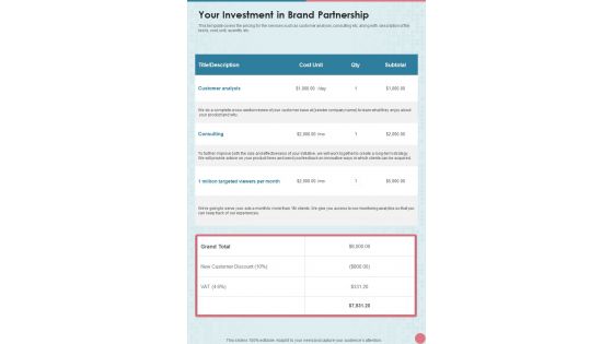 Brand Partnership Service Proposal Your Investment In Brand Partnership One Pager Sample Example Document