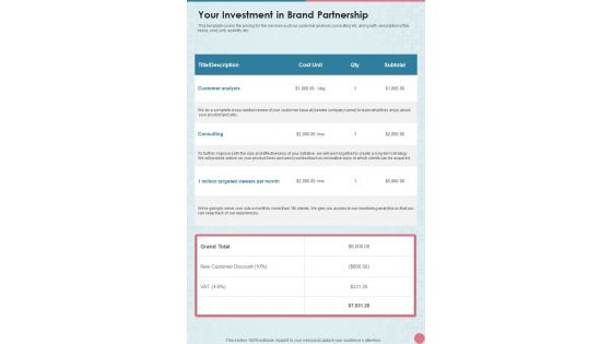 Brand Partnership Service Proposal Your Investment In Brand Partnership One Pager Sample Example Document