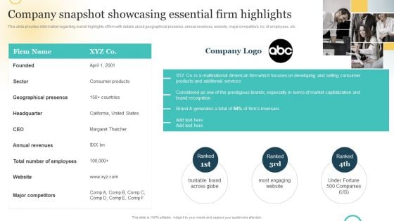 Brand Plan Toolkit For Marketers Company Snapshot Showcasing Essential Firm Highlights Diagrams PDF