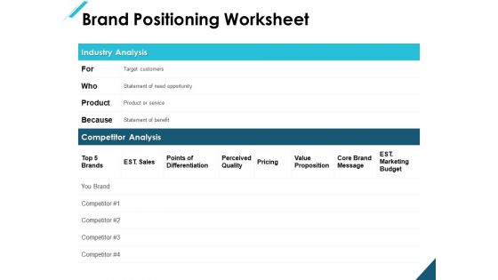 Brand Positioning Worksheet Ppt PowerPoint Presentation Ideas Graphics Design