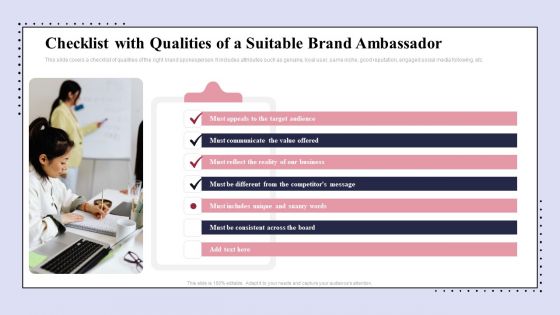Brand Promotion Communication Strategy Checklist With Qualities Of A Suitable Portrait PDF