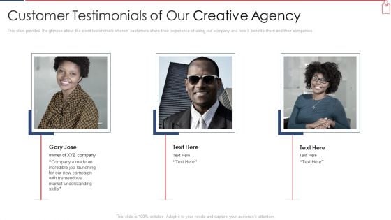 Branded Lender Pitch Deck Customer Testimonials Of Our Creative Agency Ppt Outline Graphics Download PDF