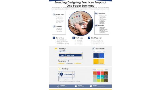 Branding Designing Practices Proposal One Pager Summary PDF Document PPT Template