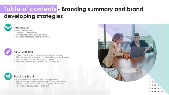 Branding Summary And Brand Table Of Contents Branding Summary And Brand Developing Strategies Slides PDF