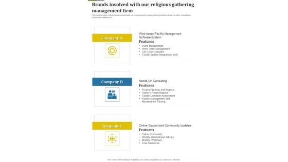 Brands Involved With Our Religious Gathering Management Firm One Pager Sample Example Document