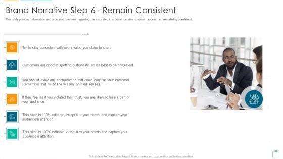 Brief About Brand Narrative Creation Process Brand Narrative Step 6 Remain Consistent Ppt File Graphics Design Pdf