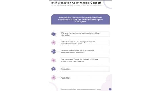 Brief Description About Musical Concert One Pager Sample Example Document