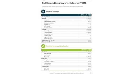 Brief Financial Summary Of Institution For FY2022 One Pager Documents Brief Financial Summary Of Institution For FY2022 One Pager Documents