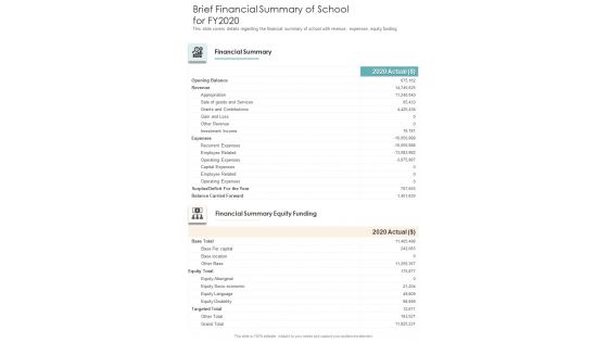 Brief Financial Summary Of School For FY2020 One Pager Documents Brief Financial Summary Of School For FY2020 One Pager Documents