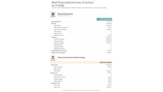 Brief Financial Summary Of School For FY2020 One Pager Documents