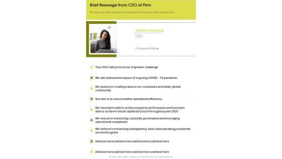 Brief Message From CEO Of Firm One Pager Documents Brief Message From CEO Of Firm One Pager Documents