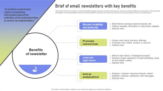 Brief Of Email Newsletters With Key Benefits Ppt PowerPoint Presentation File Backgrounds PDF