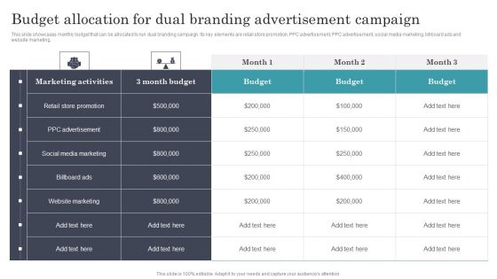 Budget Allocation For Dual Branding Advertisement Campaign Icons PDF