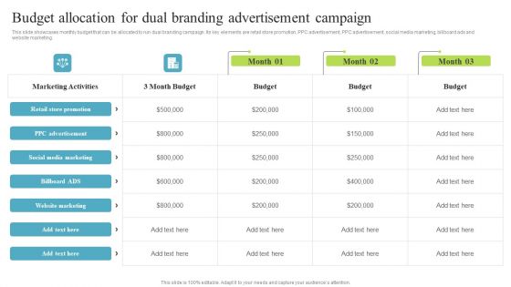 Budget Allocation For Dual Branding Advertisement Multi Brand Promotion Campaign For Customer Engagement Icons PDF