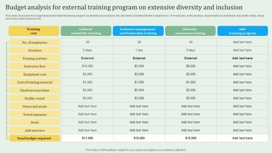 Budget Analysis For External Training Program On Extensive Diversity And Inclusion Graphics PDF