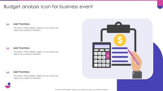 Budget Analysis Icon For Business Event Professional PDF