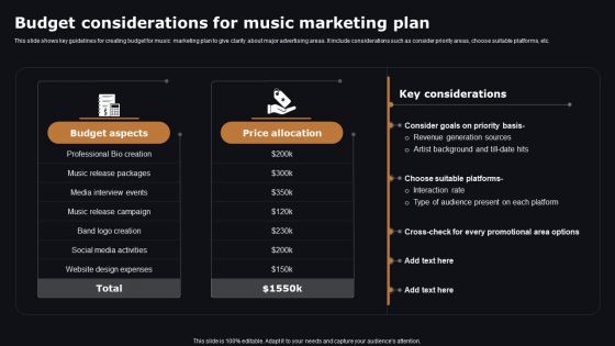 Budget Considerations For Music Marketing Plan Themes PDF