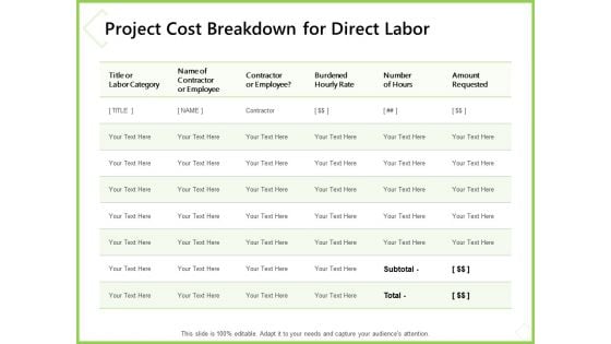 Budget Cost Project Plan Project Cost Breakdown For Direct Labor Formats PDF