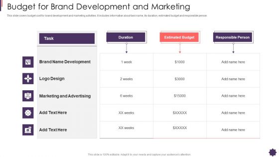 Budget For Brand Development And Marketing Brand Techniques Structure Pictures PDF
