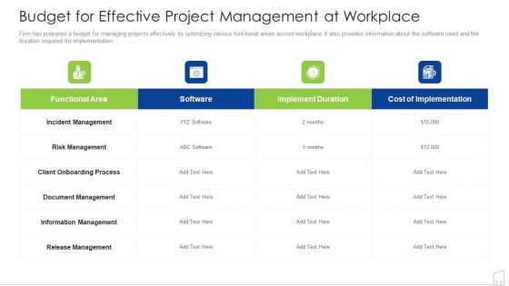 Budget For Effective Project Management At Workplace Ppt File Information PDF