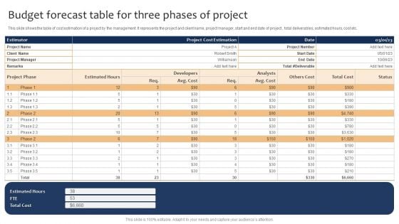 Budget Forecast Table For Three Phases Of Project Ppt Styles Master Slide PDF