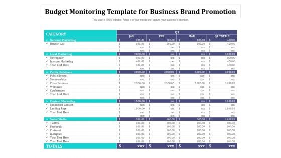 Budget Monitoring Template For Business Brand Promotion Ppt PowerPoint Presentation Portfolio Designs Download PDF