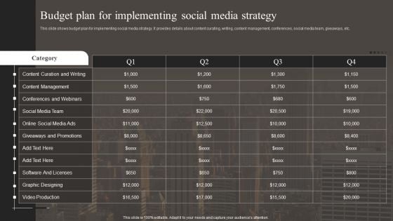 Budget Plan For Implementing Social Media Strategy Demonstration PDF