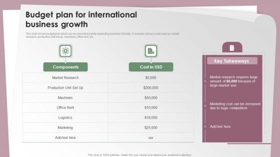 Budget Plan For International Business Growth Ppt Layouts Background Designs PDF