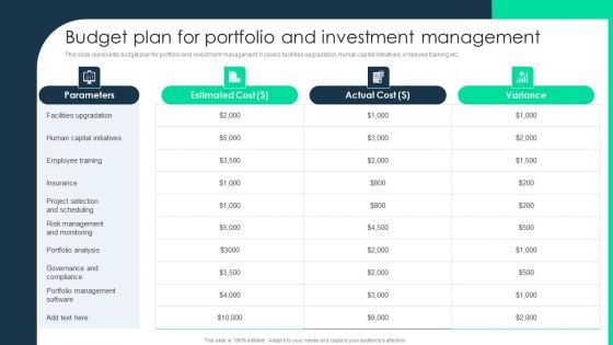 Budget Plan For Portfolio And Investment Management Diagrams PDF Budget Plan For Portfolio And Investment Management Diagrams PDF