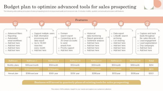 Budget Plan To Optimize Advanced Tools For Sales Prospecting Diagrams PDF